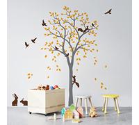 Large Tree Wall Decal Sticker with Birds, Squirrels and Rabbits Bunnies Nursery Mural Decoration 095 (Grey, Golden Yellow, Brown)