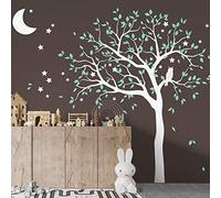 Large Tree Wall Decal Sticker with owl, Moon and Stars Nursery Mural Decor Decoration 088 (Leaning Left, White, Mint)