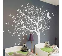 Large Tree Wall Decal Sticker with owl, Moon and Stars Nursery Mural Decor Decoration 088 (Leaning Left, All White)