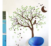 Large Tree Wall Decal Sticker with owl, Moon and Stars Nursery Mural Decor Decoration 088 (Leaning Left, Brown, Lime-Tree Green)