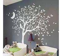 Large Tree Wall Decal Sticker with owl, Moon and Stars Nursery Mural Decor Decoration 088 (Leaning Right, All White)