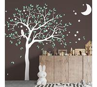 Large Tree Wall Decal Sticker with owl, Moon and Stars Nursery Mural Decor Decoration 088 (Leaning Right, White, Mint)