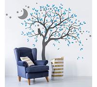 Large Tree Wall Decal Sticker with owl, Moon and Stars Nursery Mural Decor Decoration 088 (Leaning Right, Dark Grey, Ice Blue, Middle Grey)