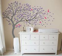 Large Tree Wall Decals Nursery Stickers with Birds Tree in Wind Stunning Huge Wall Art Mural Vinyl Wall Decor 98 (Leaning Right, Grey; Lavender; Pink)