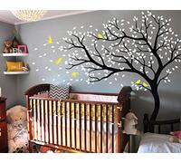Large Tree Wall Decals Nursery Stickers with Birds Tree in Wind Stunning Huge Wall Art Mural Vinyl Wall Decor 98 (Leaning Left, Black; White; Yellow)