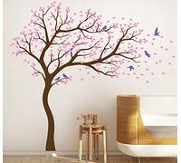 Large Tree Wall Decals Nursery Stickers with Birds Tree in Wind Stunning Huge Wall Art Mural Vinyl Wall Decor 98 (Leaning Right, Brown; Soft Pink; Lavender)
