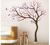 Large Tree Wall Decals Nursery Stickers with Birds Tree in Wind Stunning Huge Wall Art Mural Vinyl Wall Decor 98 (Leaning Left, Brown; Soft Pink; Lavender)