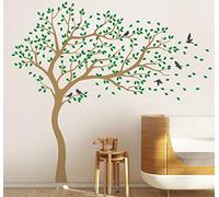 Large Tree Wall Decals Nursery Stickers with Birds Tree in Wind Stunning Huge Wall Art Mural Vinyl Wall Decor 98 (Leaning Right, Light Brown; Light Green; Dark Grey)