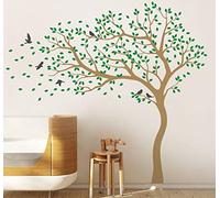 Large Tree Wall Decals Nursery Stickers with Birds Tree in Wind Stunning Huge Wall Art Mural Vinyl Wall Decor 98 (Leaning Left, Light Brown; Light Green; Dark Grey)
