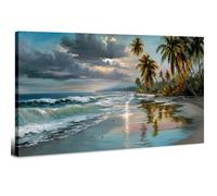 Large Tropical Beach Canvas Wall Art 20x40in Sunset Coastal Wall Decor Ocean Waves Palm Trees Seascape Wall Pictures Nautical Landscape Painting Artwork for Living Room Bedroom Hallway Home Decoration