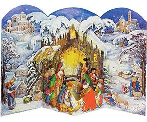 Large Two Part Free Standing Advent Calendar 24 Doors 370 x 265 mm - Nativity Glitter pop up - with Glitter and Translucent Windows - RS 557 - Traditional Antique German Design