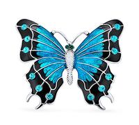 Large Two Tone Black Blue Turquoise Aqua Crystal Accent Garden Winged Butterfly Brooch Scarf Pin for Women Teens Enamel Gold Plated Statement Jewelry