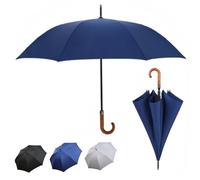 Large umbrella windproof strong 8 fiberglass ribs with natural wooden hook J handle for men and women (Navy Blue)
