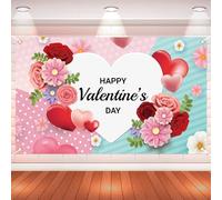 Large Valentine's Day Backdrop Banner, Happy Valentine's Day Background, Flowers Love Heart Valentines Decoration Backdrop for Valentine Party Supplies Wedding Propose Marriage