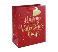 Large Valentine's Day Gift Bag Ribbon Handle & Tag - Red Gold Foil Writing and Hearts