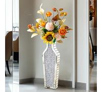 Large Vases Floor Standing Mirrored : 68.5 cm Height Luxury Crushed Diamond Tall Thin Vase Crystal Silver Glass for Holding Dried Pampas Flowers Plant Home Art Decor Living Room