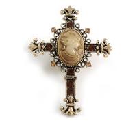 Large Victorian Cameo Cross Brooch in Aged Gold Tone - 75mm Tall