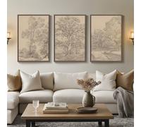 Large Vintage Framed Neutral Landscape Wall Art for Living Rooms, 3 Piece Retro Big Tree Sketch Botanical Forest Antique Canvas Artwork Set, Rustic Nature Wabi Sabi Art Prints for Hallway Home Office