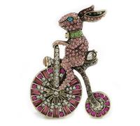Large Vintage Inspired Pink Crystal Hare/Rabbit/Bunny on The Bicycle in Aged Gold Tone - 70mm Tall