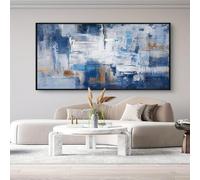 Large Wall Art Abstract Blue Canvas Painting Navy, White Minimalist Wall Decor Artwork Contemporary Pictures Decoration 70x150cm(28x59in) with-black-frame