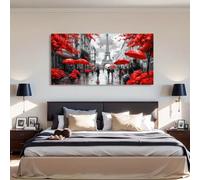 Large Wall Art Decor-Parisian Red Umbrellas, Eiffel Tower & Heart-Shaped Balloons, Modern Romantic Wall Art(60x120cm/No frame)