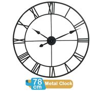 Large Wall Clock Roman Numerals Metal Skeleton Round Black 78 cm Battery Powered