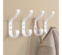 Large Wall Hooks for Hanging Coats - Heavy Duty Hook Hold 30LB for Backpacks, Towels, Coat, Keys, Clothes - Wall Mounted Hooks for Bathroom, Closet, Door, Mudroom - Metal, White 4 Pack