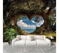Large Wall Mural Non-Woven Wallpaper Heart Shaped Tree with Sea View Removable Waterproof Mural for Indoor Wall Art Decoration Wallpaper Green Modern and Stylish Home Decoration 400x280cm