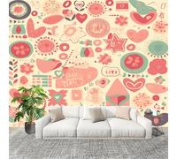 Large Wall Mural Non-Woven Wallpaper Romantic Cartoon Heart Florals Removable Waterproof Mural for Indoor Wall Art Decoration Wallpaper Cute Modern and Stylish Home Decoration 200x140cm