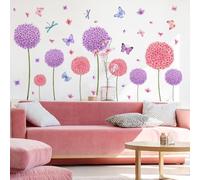 Large Wall Tattoo Dandelion Wall Sticker Purple Flowers Butterflies Plants Wall Sticker Dandelion for Living Room Bedroom Offices Sofa Background Home Hallway Wall Decoration