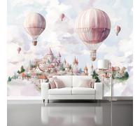 Large Wallpaper 400 x 280 cm, Watercolor Hot Air Balloon Village Theme Custom Size 3D Wallpaper Mural for Living Room Bedroom Office Dining Room Children's Room, Light Gray Wall Murals Decor