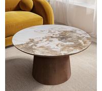 Neutral Round Ceramic Nest of 2 Tables with Walnut Pedestal Bases - Malia