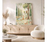 Large Watercolor Forest River Unframed Canvas Wall Art, Cartoon Fox Squirrel Wall Decor, Beige Green Modern Art Poster Canvas Painting Picture For Living Room Office Bedroom, Frameless, 80X120Cm