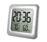 Large Waterproof Bathroom Wall Clock, Digital Water Resistant Shower Temperature Humidity Clock, Big Digits Hygrometer Thermometer for Elderly, 4 Suction Cups, Table Standing, 12/24H, °F/°C (Silver)