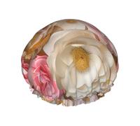 Large Waterproof Shower Cap with Adjustable Elastic Band | Beautiful White Gold Flowers Print Shower Cap Hair Cover For Women Spa Bathing Swimming Makeup Travel, Large