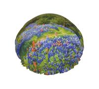 Large Waterproof Shower Cap with Adjustable Elastic Band | Texas Bluebonnets Scenery Print Shower Cap Hair Cover For Women Spa Bathing Swimming Makeup Travel, One Size