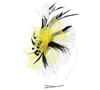 Large Wedding Races Party Fascinator Net Hat and Feathers Fascinators Hat Flower Mesh Ribbons Feathers a Headband and a Forked Cocktail Tea Party Headwear for Girls Womens Headband (Yellow, One Size)
