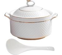 Large White Ceramic Soup Bowls With Lid & Ladle Set - Elegant Porcelain Tureen For Home Kitchen & Restaurant Serving, Perfect For Soups & Decorative Use Gold 2.2L