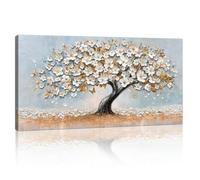 Large White Gold Flowers Cherry Trees Canvas Wall Art Prints, Abstract Blue White Blossom Floral Wall Paintings Picture for Living Room Bedroom Office Kitchen Decoration Artwork Ready To Hang 50x100cm
