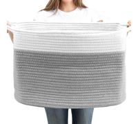 Large Wicker Basket for Storage, Foldable Laundry Hamper Woven Cotton Rope Basket 48x34x28cm, Extra Large Toy Blanket for Living Room Bedroom, White & Grey Storage Box