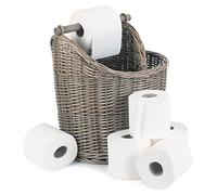 Large Wicker Toilet Roll Holder Basket Holds 5 Rolls - Loo Paper Storage Free Standing for the Bathroom - Vintage Woven Box with Wooden Holder