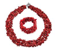 Large Wide Red Dyed Coral Cluster Chips Bib Statement Collar Necklace Stretch Bracelet Jewelry Set For Women