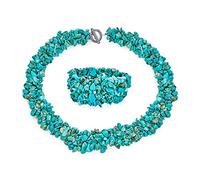 Large Wide Stabilized Turquoise Cluster Chips Bib Statement Collar Necklace Stretch Bracelet For Women Jewelry Set