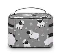 Large Women Makeup Bag, Train Toiletry Storage Case, Wash Bag Holder Zipper Pouch Cosmetic Organizer 9.8x7.5x5.9 in Print Black White Sheep Lambs Wild Flowers on a Dark Gray Background