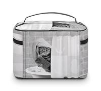 Large Women Makeup Bag, Train Toiletry Storage Case, Wash Bag Holder Zipper Pouch Cosmetic Organizer 9.8x7.5x5.9 in Print Funny Cat Taking a Bath Behind Shower Curtain