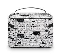 Large Women Makeup Bag, Train Toiletry Storage Case, Wash Bag Holder Zipper Pouch Cosmetic Organizer 9.8x7.5x5.9 in Print Seamless Doodle Cats Head Different Animal Faces Black White