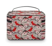 Large Women Makeup Bag, Train Toiletry Storage Case, Wash Bag Holder Zipper Pouch Cosmetic Organizer 9.8x7.5x5.9 in Print Red Cardinal Birds Blooming Cherry