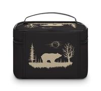 Large Women Makeup Bag, Train Toiletry Storage Case, Wash Bag Holder Zipper Pouch Cosmetic Organizer 9.8x7.5x5.9 in Print Hand Drawn Gold Animal Bear Silhouette Trees Full Moon on Dark