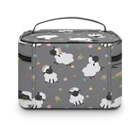 Large Women Makeup Bag, Train Toiletry Storage Case, Wash Bag Holder Zipper Pouch Cosmetic Organizer 9.8x7.5x5.9 in Print Black White Sheep Lambs Wild Flowers on a Dark Gray Background