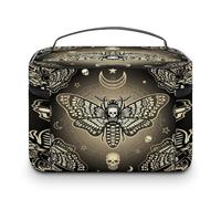 Large Women Makeup Bag, Train Toiletry Storage Case, Wash Bag Holder Zipper Pouch Cosmetic Organizer 9.8x7.5x5.9 in Print Retro Moth Dead Head, Mystical Circle, Skull, Moon, Stars